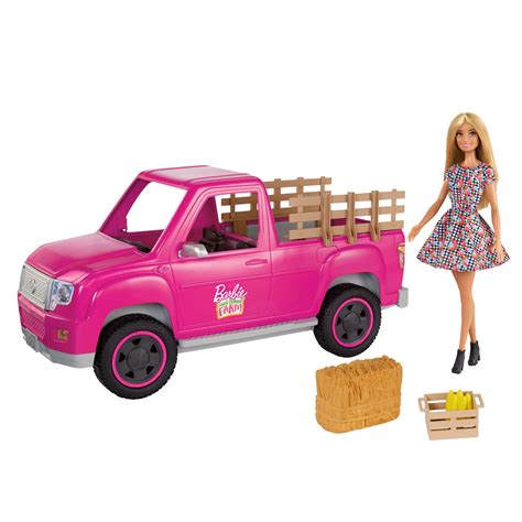 Barbie truck - GWW29. •There's always something to do on Sweet Orchard Farm, and kids can get things rolling with the Barbie doll and truck playset! • The pink truck has rolling wheels, slatted sides and a working tailgate -- open and close to load and unload. • The vehicle set comes with a bale of hay, a basket and a bundle of corn -- there's plenty of ...